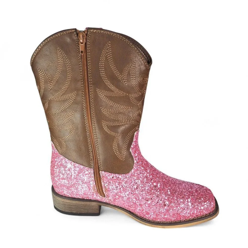 Rollda Sparkle Pink Glitter Faux Leather Western Cowboy Boots NZX38 Youth‎ 5